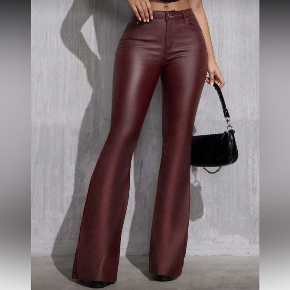 Burgundy Flared Vegan Leather Pants